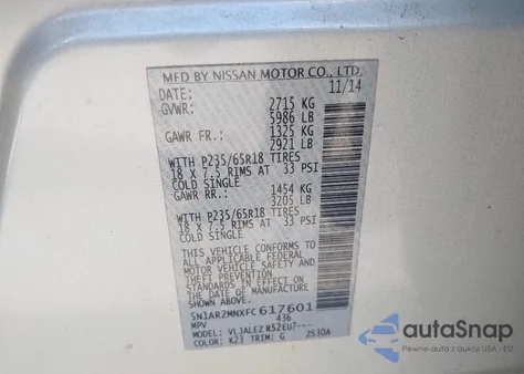 2015 Nissan Pathfinder Platinum/S/Sl/Sv from USA, damaged, VIN 5N1AR2MNXFC617601